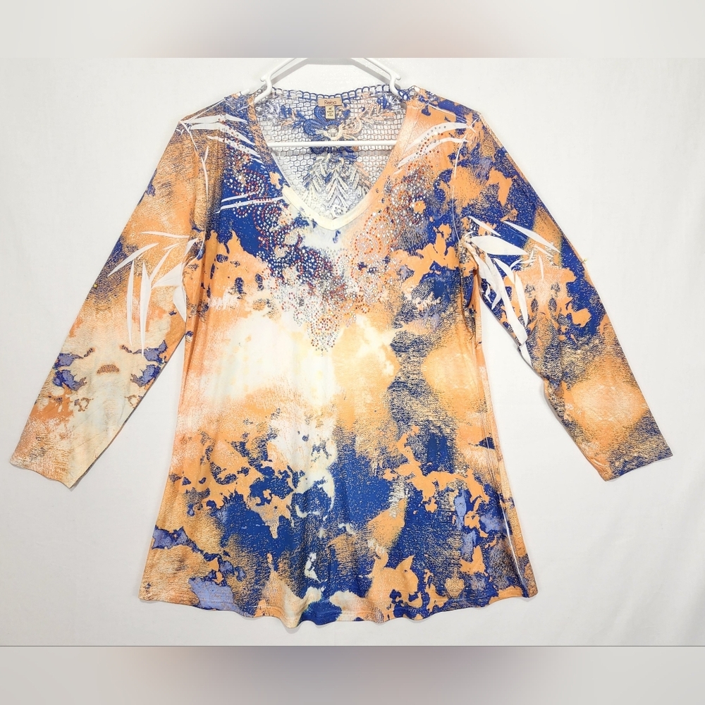 Reba Women's Artistic 3/4 Sleeve Top with Lace Detail,Orange/Blue Size M